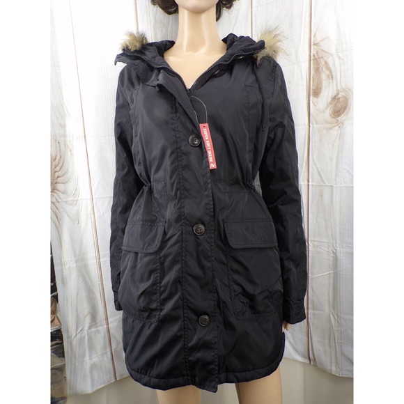 Arizona Jeans Co. Womens Black Jacket Faux Fur Hood Quilt Lining Rain Slick Med - Picture 3 of 11